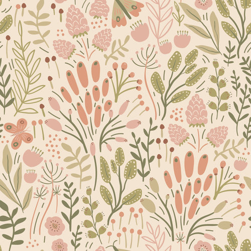 ESTAhome behang bladeren en bloemen olijfgroen en terracotta - 50 x 900 cm - 131390 - vtwonen shop