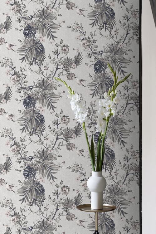 Sanders & Sanders behang tropische jungle bladeren en paradijsvogels grijs - 53 cm x 10 m - 640004