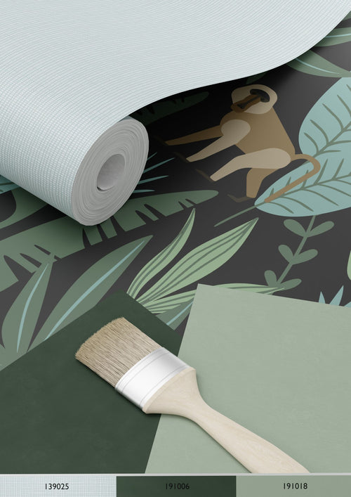 ESTAhome behang jungle apen zwart, donkergroen en mintgroen - 53 cm x 10.05 m - 139074