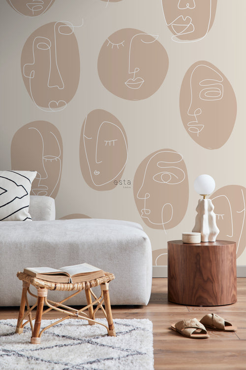 ESTAhome fotobehang line art gezichten beige - 200 x 279 cm - 159252