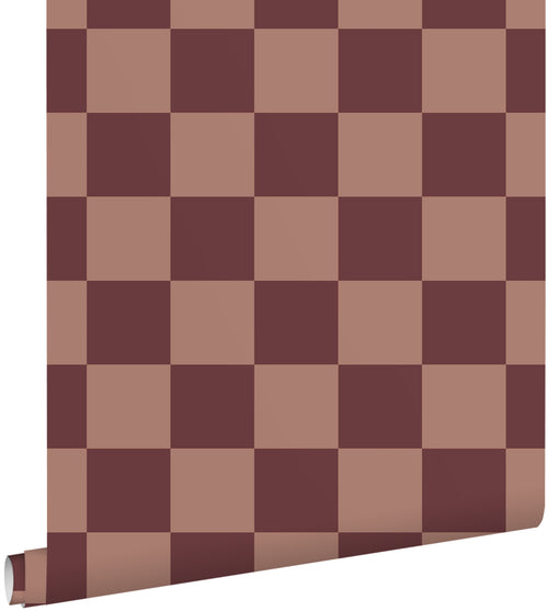 ESTAhome behang geblokt motief donker paars en terracotta roze - 50 x 900 cm - 131927