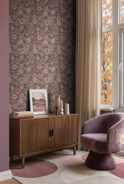 ESTAhome behang retro bloemen oudroze en aubergine paars - 53 cm x 10.05 m - 131135