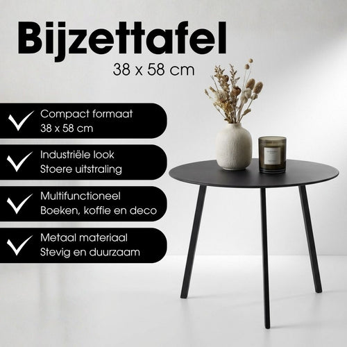 Mica Decorations Seatle Bijzettafel voor Buiten - Salontafel Rond - Plantentafel en Koffietafel - H38 x Ø58 cm - Metaal - Zwart
