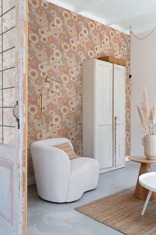 ESTAhome behang retro bloemen terracotta, paars en wit - 53 cm x 10.05 m - 131314