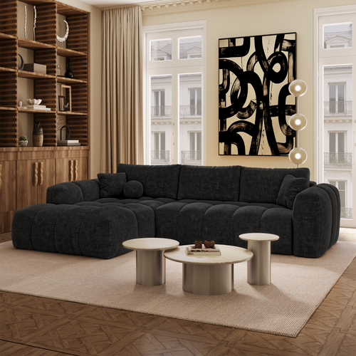 Premium Interiors - Linkshoekbank met slaapfunctie en opbergruimte SKY - kruisweefsel  donker antraciet 310cm