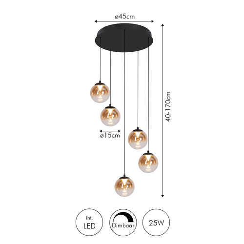 Atmooz hanglamp Monza 5 rond - zwart - Ø 45 x H 170 cm - geïntegreerde led