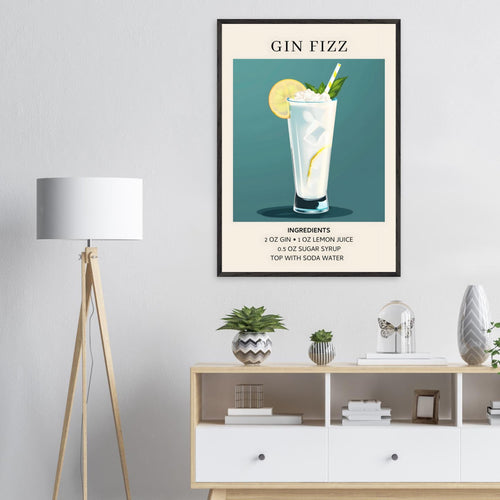 Artfulprints Poster met Lijst Gin Fizz cocktail - Ingrediënten   - 50x70 cm - Blauw