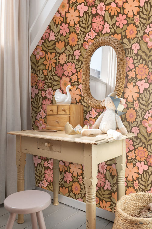 ESTAhome behang bloemetjes bruin, oranje en groen - 50 x 900 cm - 132295