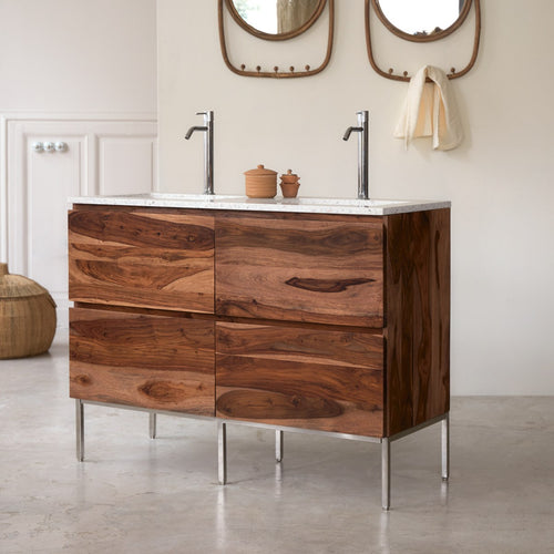 Tikamoon Badkamermeubel van massief palissander en moon premium terrazzo 120 - Wit - vtwonen shop