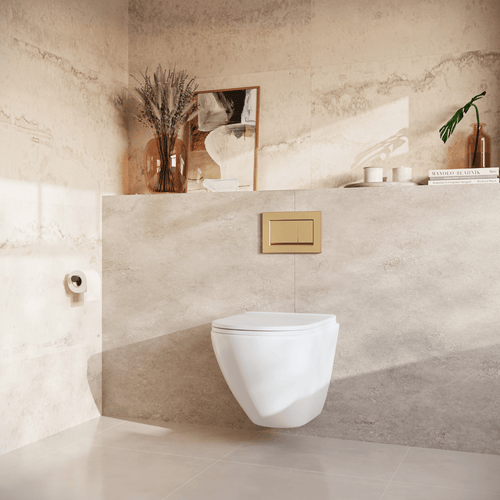 LOMAZOO hangtoiletset Linea - met inbouwreservoir & vierkante drukplaat - rond - goud / wit