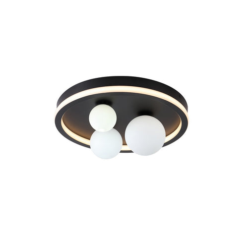 Searchlight Trident 3-lichts LED-plafondlamp, zwarte metalen en opaalglazen bollen