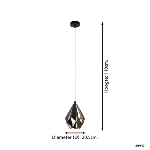 EGLO hanglamp Carlton 1 - e27 - ø 20,5 cm - zwart/koper - vtwonen shop