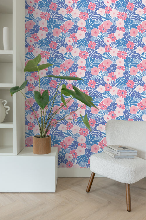 ESTAhome behang bloemen in Matisse stijl blauw en roze - 50 x 900 cm - 131006 - vtwonen shop