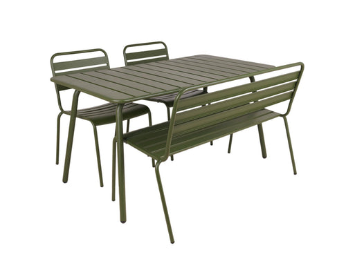 MaximaVida metalen tuinset Max olijfgroen 150 cm – 1 tafel met 2 stoelen en 1 bank - vtwonen shop