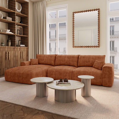 Premium Interiors - Linkerhoekbank met snelle uitklapfunctie COMO - corduroy terracotta 300cm