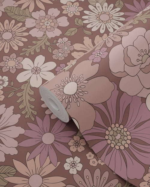 ESTAhome behang retro bloemen oudroze en aubergine paars - 53 cm x 10.05 m - 131135