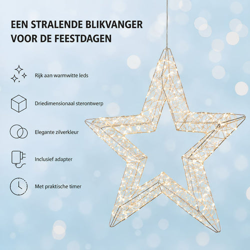 Luca Lighting Ster Hangend Zilver met 600 Warm Witte LED's - Kerstversiering voor Raam of Muur - Inclusief Adapter en Timer - Diameter 45 x Breedte 5
