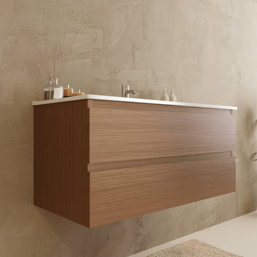 LOMAZOO badmeubelset Verona - met hoge kast & witte wastafel - warm eiken - 100 cm