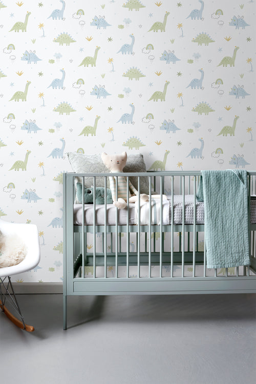 Sanders & Sanders behang dinosaurussen lichtblauw, groen en wit - 53 cm x 10.05 m - 640621