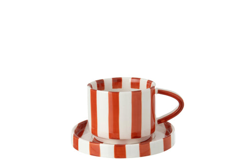 J-Line kopje + schoteltje Gestreept - steengoed - cognac/wit - 4 stuks