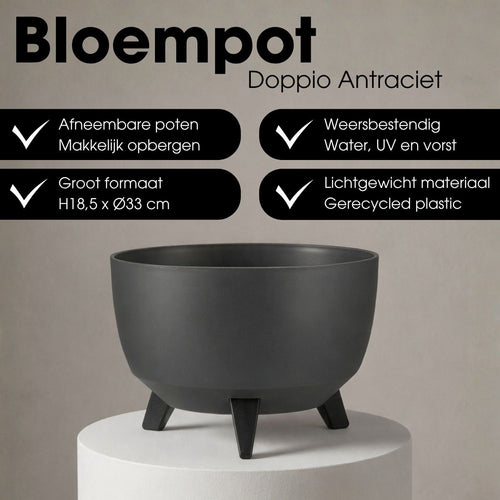 Mica Decorations Doppio Plantenbak op Poten - 18,5 x Ø33 cm - Plantenbakken voor Buiten - Bloembakken voor Balkon - Gerecycled Plastic - Antraciet