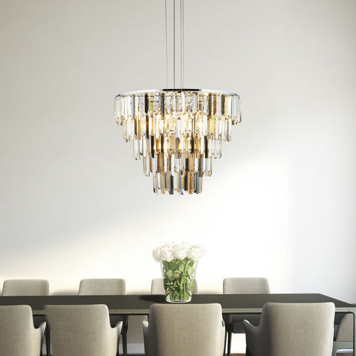 Searchlight CLARISSA - 9-lichts chromen plafondlamp met amber, smokey kristallen prisma druppels