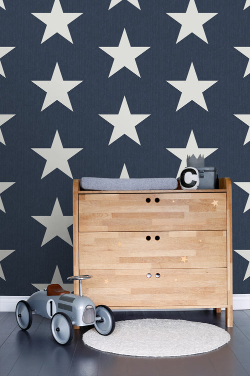 ESTAhome behang sterren op denim jeans stof donkerblauw - 53 cm x 10.05 m - 138978