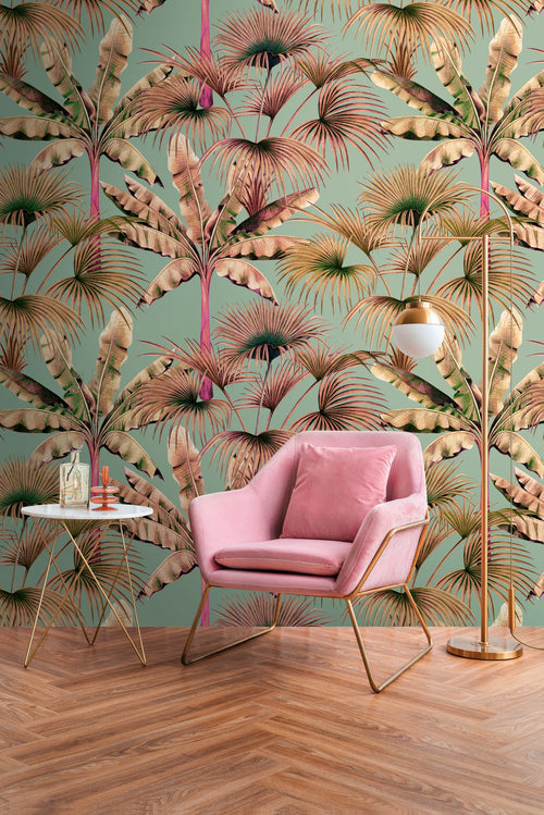 Livingwalls fotobehang jungle-motief blauw, beige, roze en groen - 159 x 280 cm - AS-391832