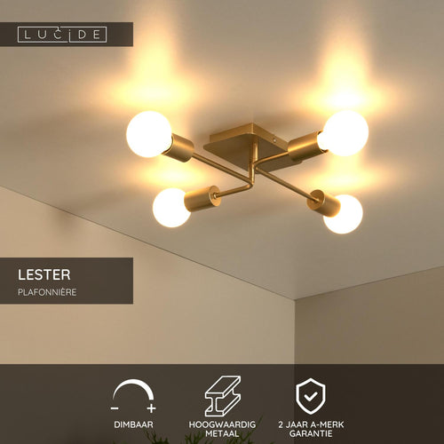 Lucide plafonnière LESTER - 4xE27 - Mat Goud / Messing