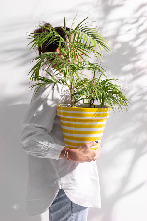 J-Line bloempot Granada Stripes Handmade + Painted - keramiek - geel - medium - Ø 27 cm