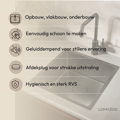 LOMAZOO Spoelbak Keuken Inferno - 50 x 40 cm - Gun Metal - RVS