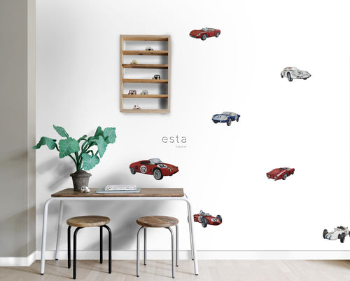 ESTAhome muursticker sportauto's rood, wit en blauw - 47.5 x 66 cm - 156108