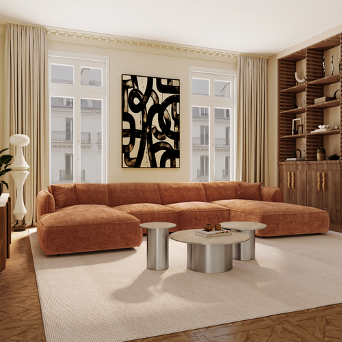 Premium Interiors - Panoramische bank LOMI - gewaafd fluweel terracotta 346cm
