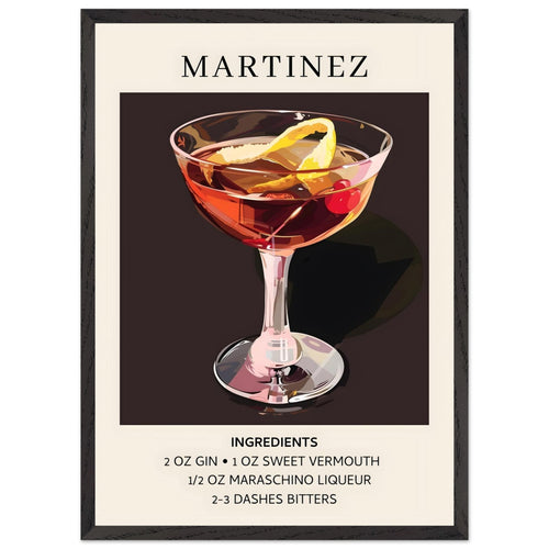 Artfulprints Poster met Lijst Martinez cocktail - Ingrediënten   - 50x70 cm - Zwart