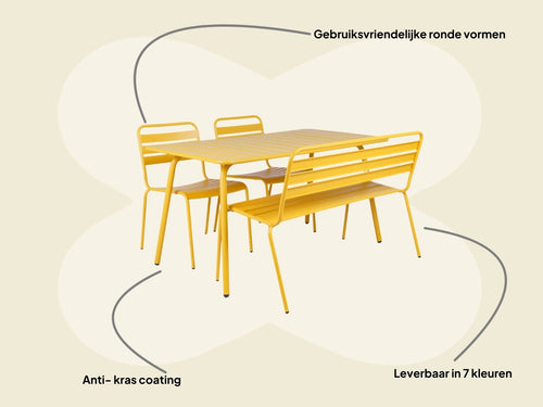 MaximaVida metalen tuinset Max okergeel 150 cm – 1 tafel met 2 stoelen en 1 bank
