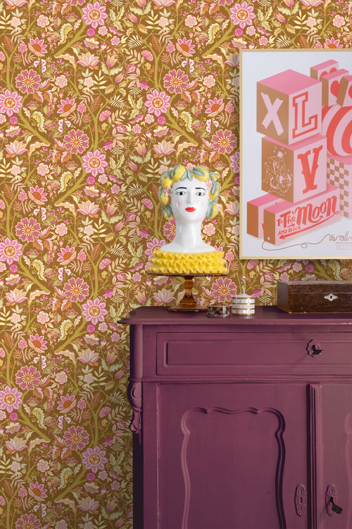 ESTAhome behang vintage bloemen groen en fuchsia roze - 50 x 900 cm - 131727