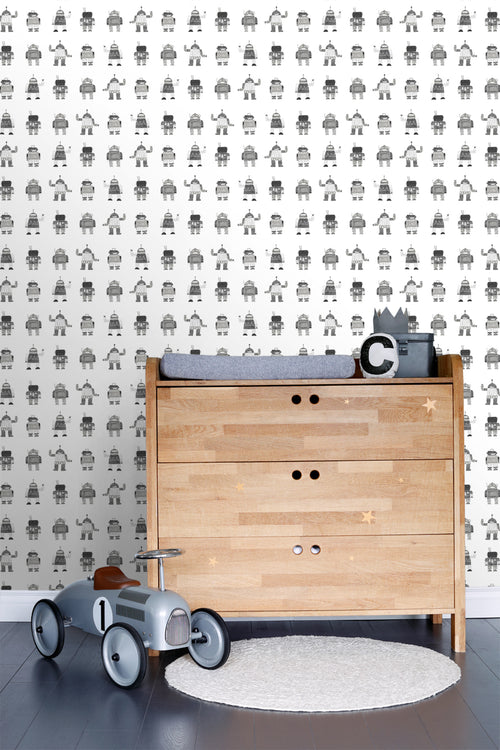 ESTAhome behang getekende vintage speelgoed robots zwart en wit - 53 cm x 10.05 m - 138939