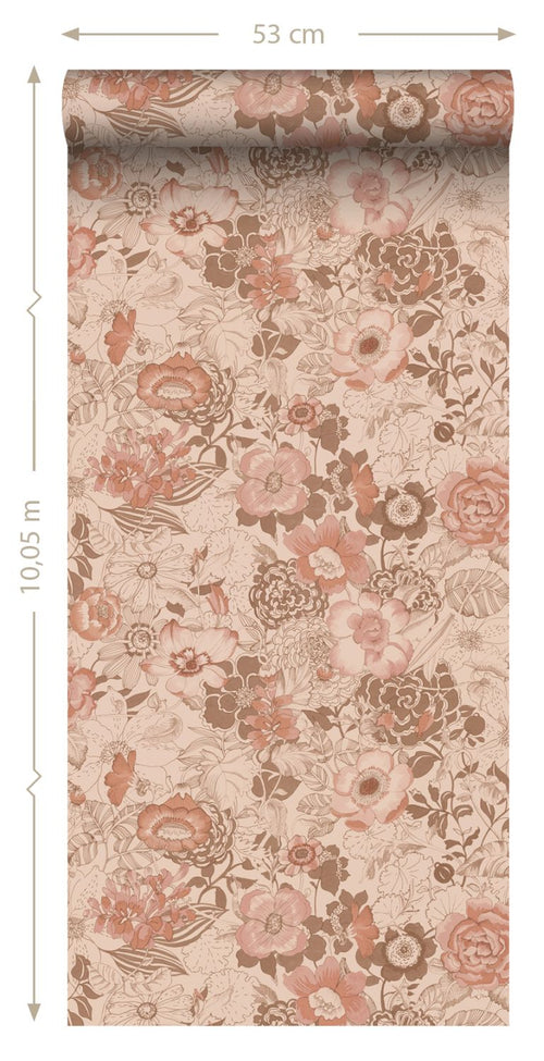 ESTAhome behang vintage bloemen terracotta roze - 53 cm x 10.05 m - 139766