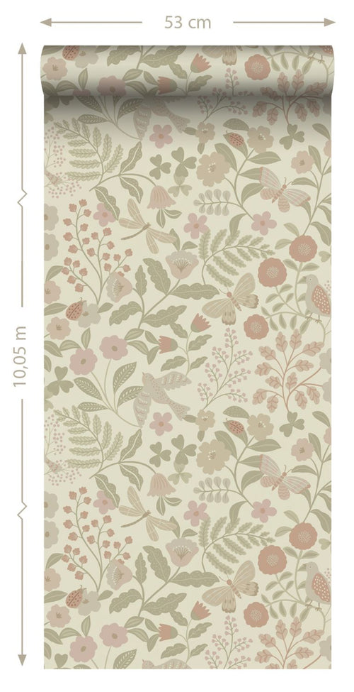 ESTAhome behang bloemen en vogels groen en roze - 53 cm x 10.05 m - 139869