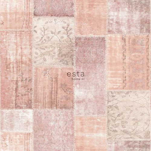 ESTAhome behang Marrakech kelim patchwork tapijt perzik oranje roze - 53 cm x 10.05 m - 148651
