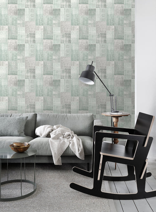 ESTAhome behang Marrakech kelim patchwork tapijt vergrijsd mintgroen - 53 cm x 10.05 m - 148650