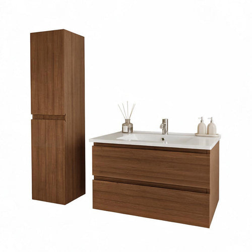 LOMAZOO badmeubelset Verona - met hoge kast & witte wastafel - warm eiken - 80 cm