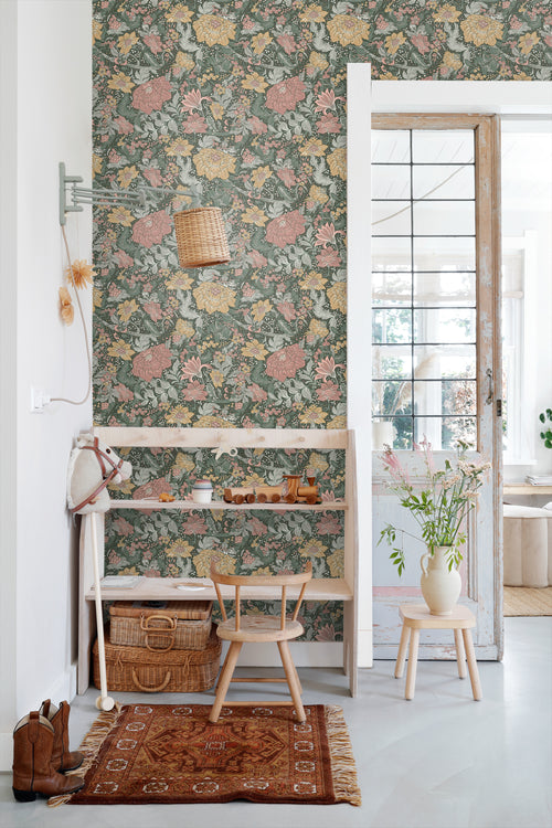 ESTAhome behang vintage bloemen blauwgroen, oudroze en okergeel - 50 x 900 cm - 131198