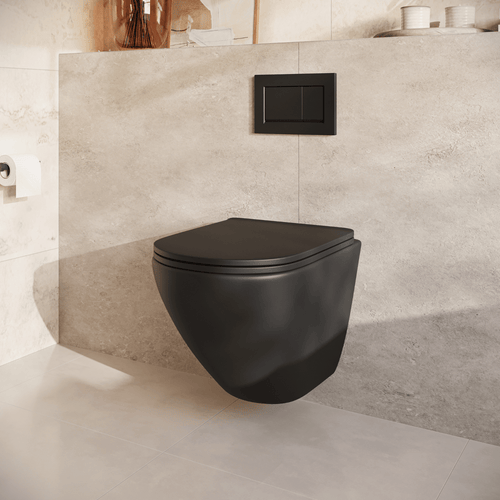 LOMAZOO hangtoiletset Linea - met inbouwreservoir & vierkante drukplaat - rond - zwart