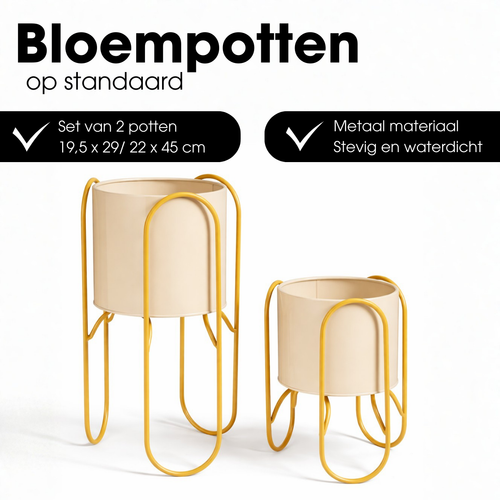 Mica Decorations Donau Bloempot op Standaard – Set van 2 – Plantenpot voor Bloemen en Kamerplanten – Bloempotten voor Binnen – IJzer – Geel