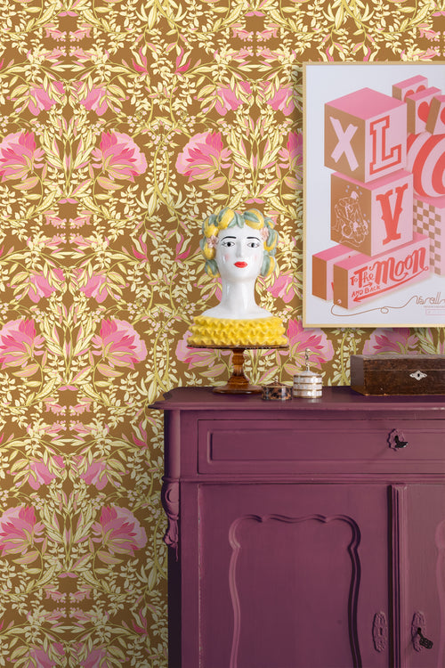 ESTAhome behang vintage bloemen in art nouveau stijl groen en fuchsia roze - 50 x 900 cm - 131731