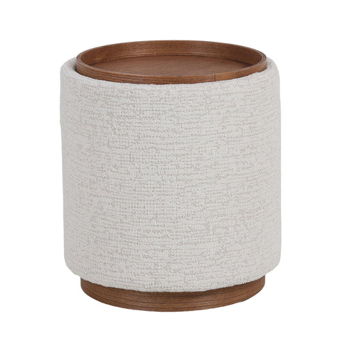 DÉJA Living Bijzettafel Marcia Beige/Walnoot – Rond – Met Opbergruimte – Essenfineer en Stof – 40x40x44 cm