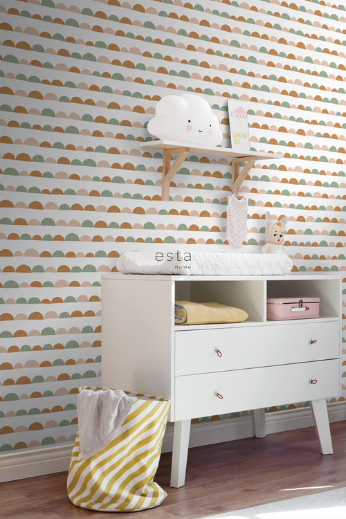 ESTAhome behang grafisch motief zacht roze, warm oranje en mintgroen - 53 cm x 10.05 m - 139267