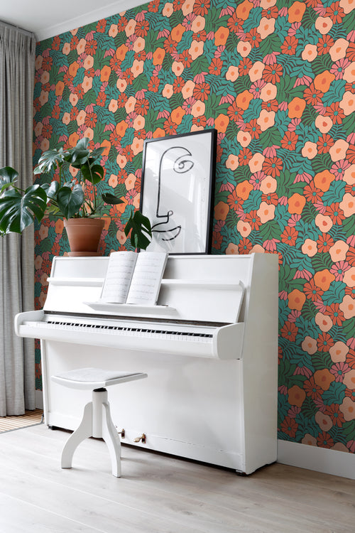 ESTAhome behang bloemen in Matisse stijl donkergroen, oranje en blauw - 50 x 900 cm - 131008 - vtwonen shop