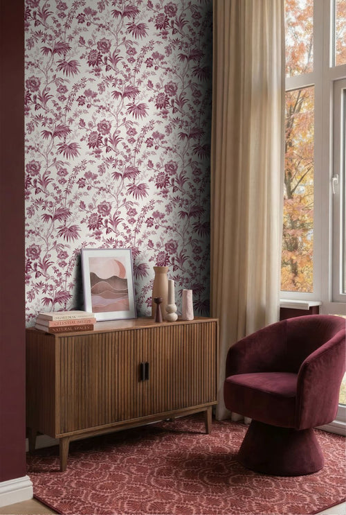 ESTAhome behang vintage bloemen bordeaux rood en wit - 50 x 900 cm - 132099